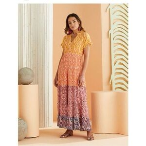 Marie Oliver Farah Silk Maxi Dress sz: S Ikat Print Multicolor Boho Flowy Casual